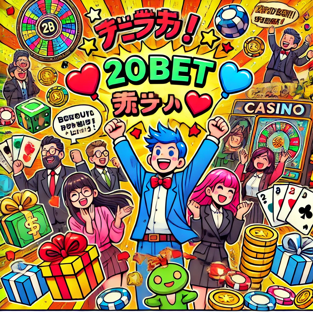 20betカジノのボーナスとロイヤルティプログラム.' The Image Features Colorful Characters Celebrating With Bonuse