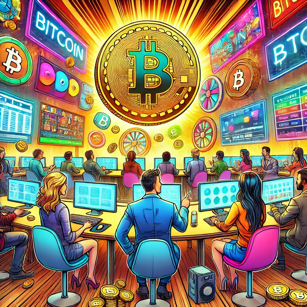 A Vibrant And Colorful Comic Book Style Illustration Depicting The Beginning Of A Bitcoin Online Casino. The Scene Shows A Diverse Group Of People Of