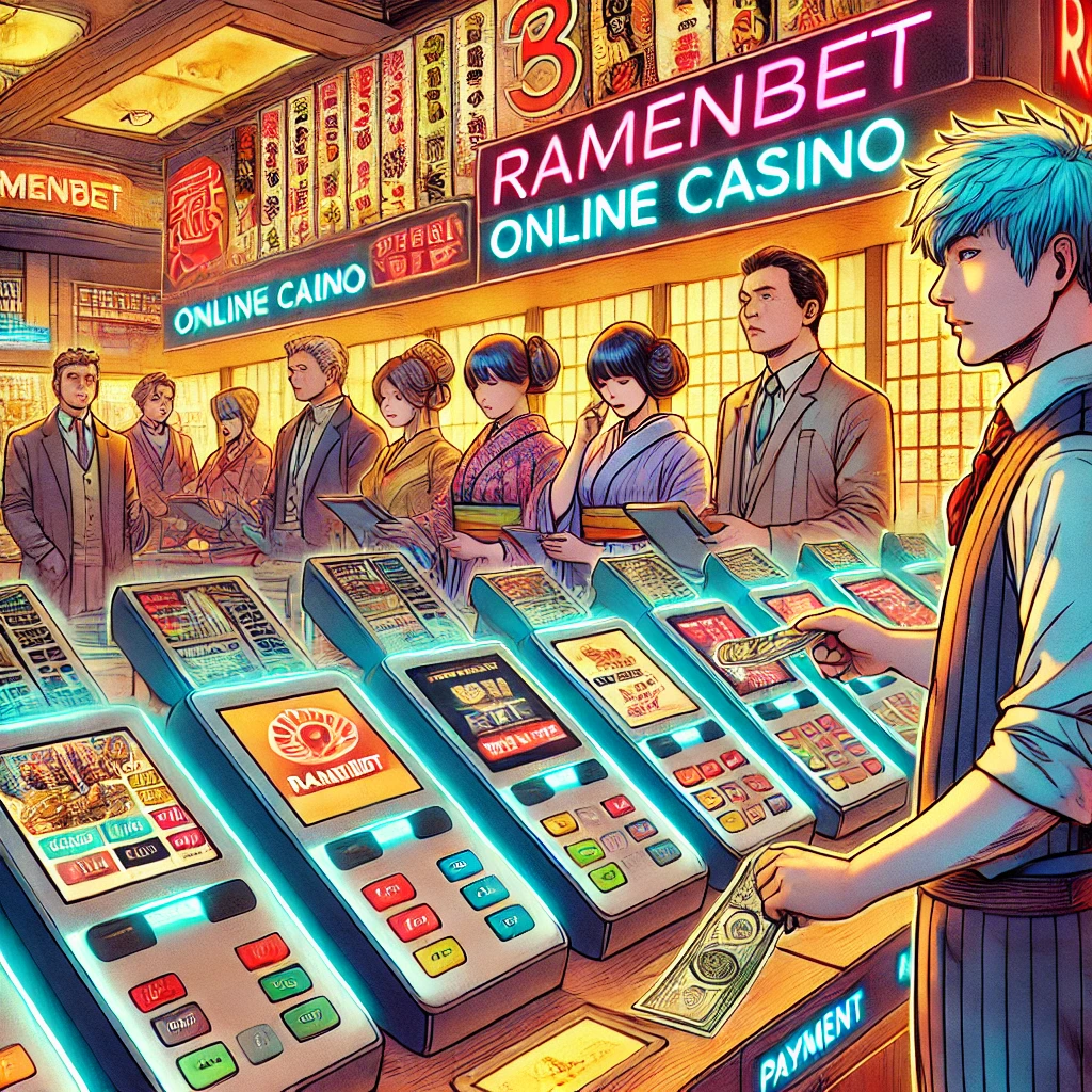 Illustration Depicting A Vibrant Scene At A Fictional Ramenbet Online Casino Payment Center. The Image Should Feature A Futuristic, Tech